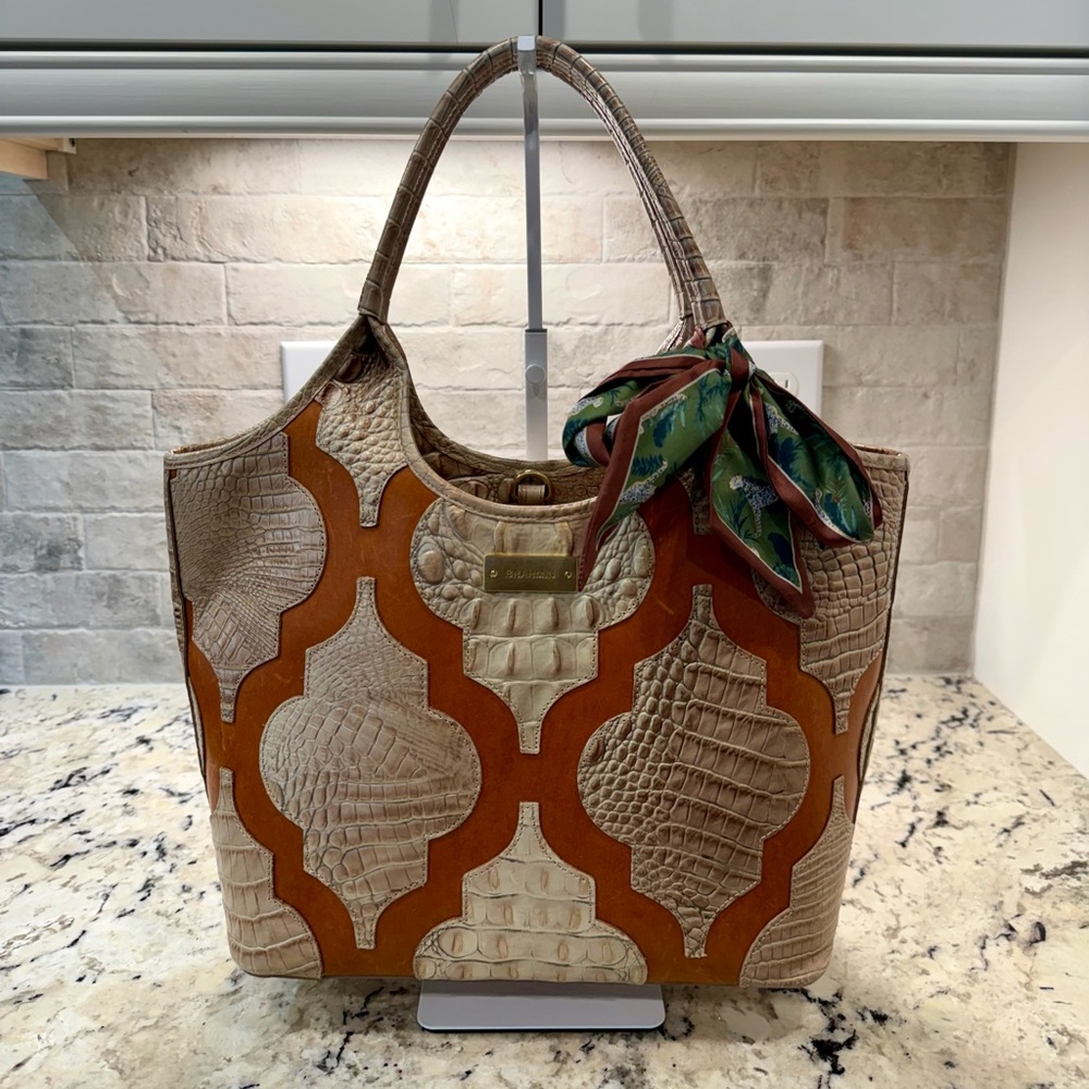 Brahmin EUC Orange & Cream Croc Embossed Leather Melora Tote Bag